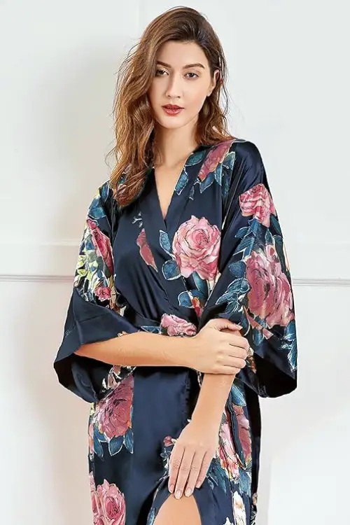 kimono long femme nuit fleur bleu