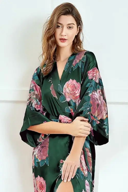 kimono long femme nuit vert fleur