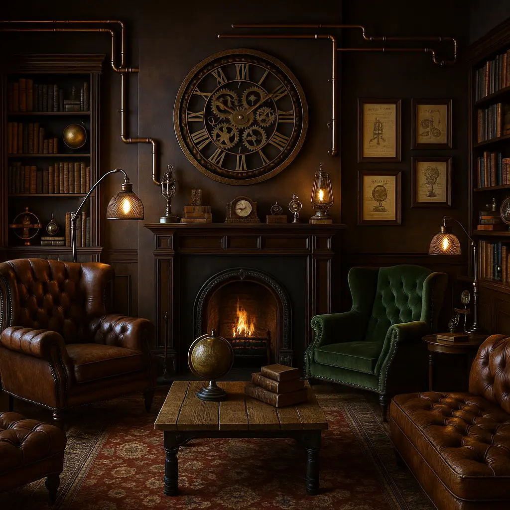Décoration steampunk salon bibliothèque